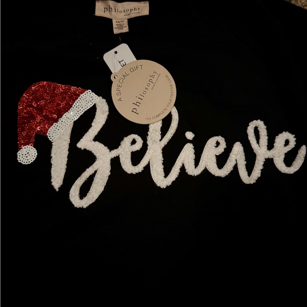 Philosophy Black Top with Festive 'Believe' Design